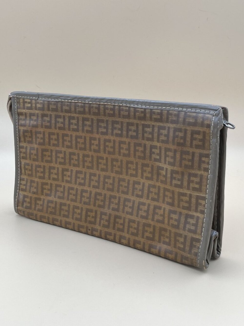Fendi Vintage Zucca Pattern Clutch Bag With Zipper Closure & Brown/Gray Leather
